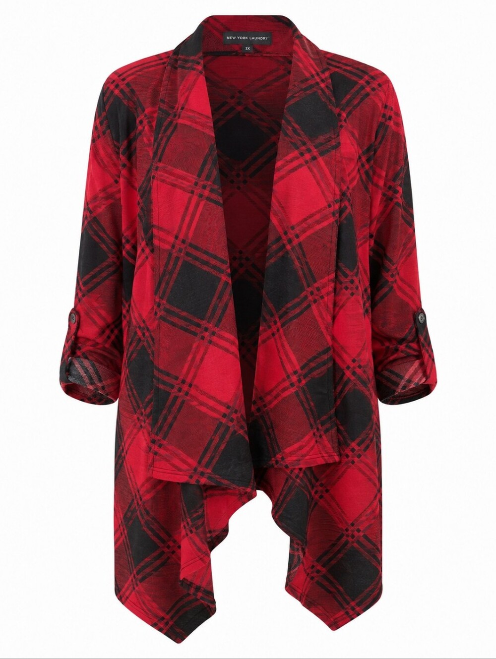 NEW YORK LAUNDRY | Red Black Plaid Waterfall Cardigan Roll Tab Sleeves | 3X